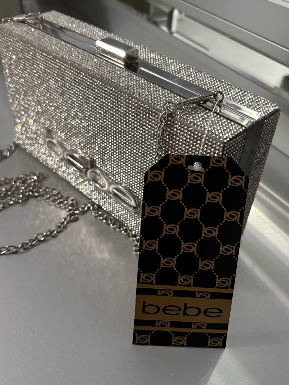 BEBE Silver Crystal Logo Evening Clutch - Picture 2 of 9